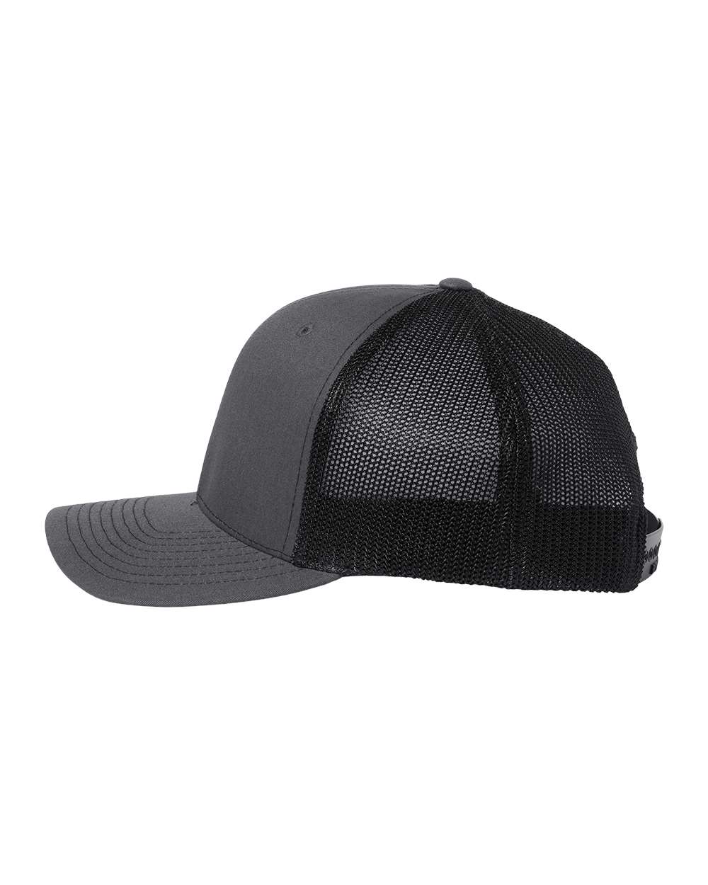 Left View of Charcoal/ Black 112+ R-Flex Adjustable Trucker Cap - 112PL