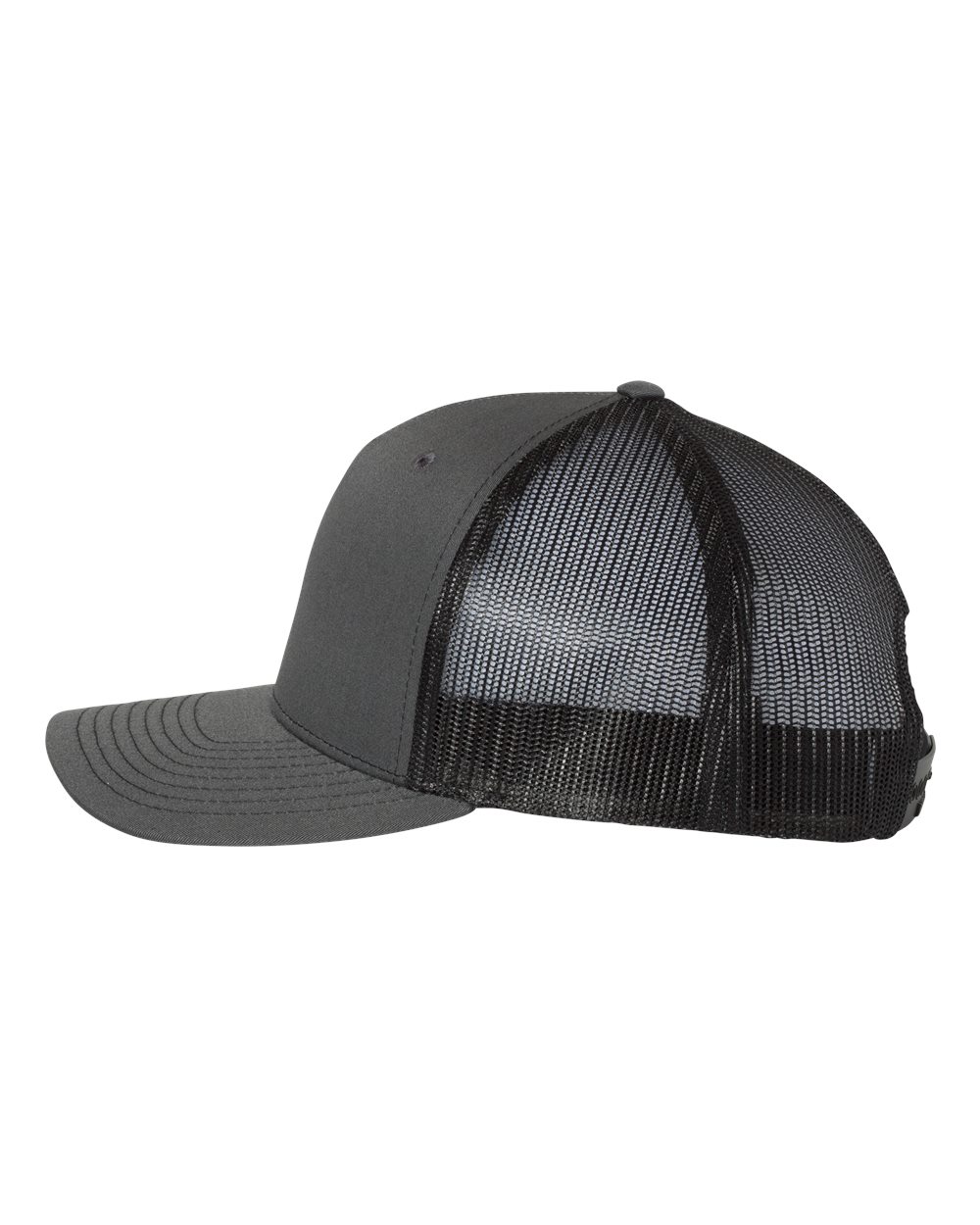 Left View of Charcoal/ Black Five-Panel Trucker Cap - 112FP