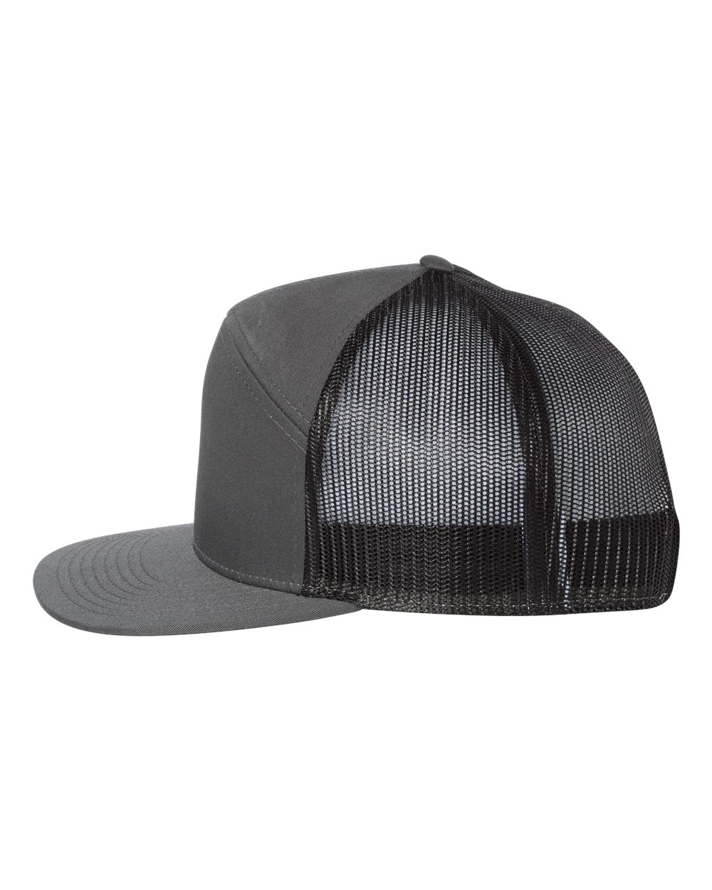 Left View of Charcoal/ Black Seven-Panel Trucker Cap - 168