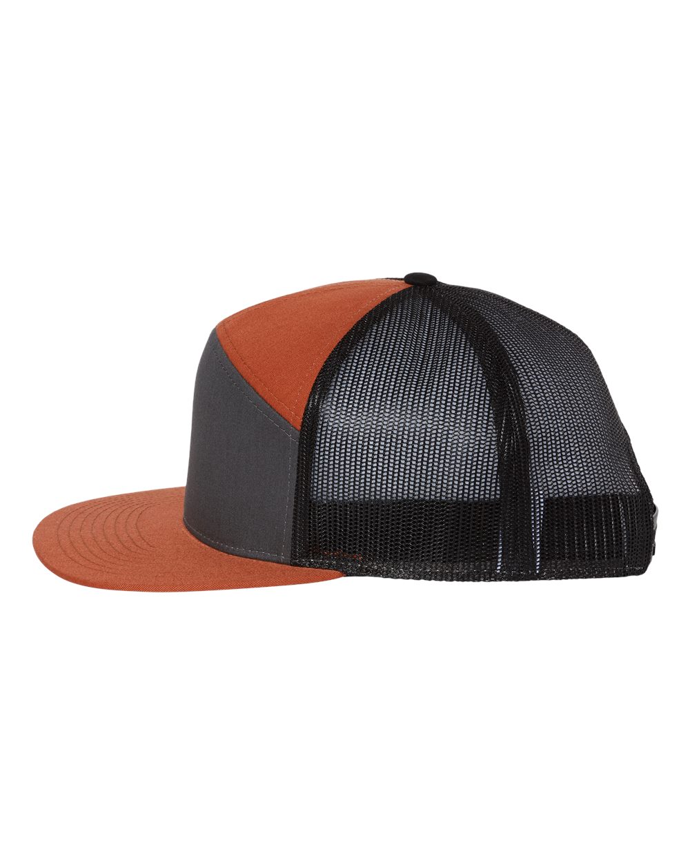 Left View of Charcoal/ Burnt Orange/ Black Seven-Panel Trucker Cap - 168