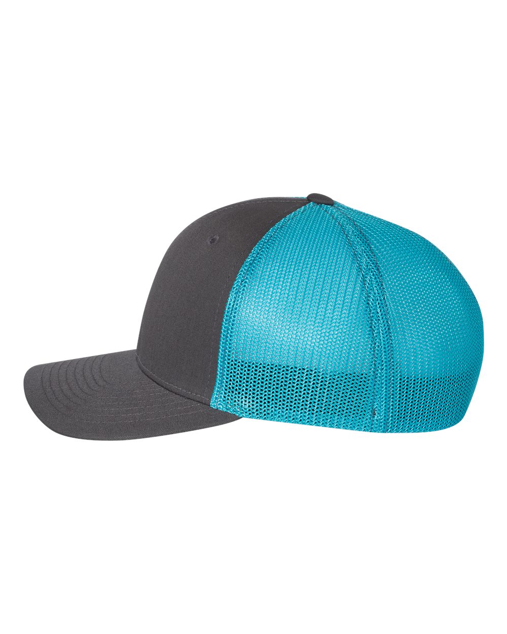 Left View of Charcoal/ Neon Blue R-Flex Trucker Cap - 110