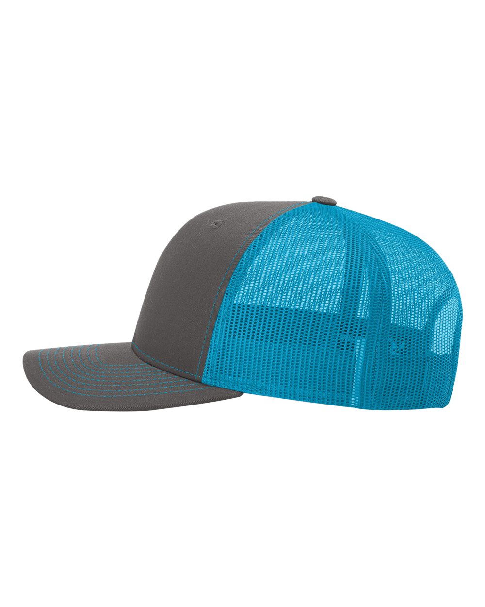 Left View of Charcoal/ Neon Blue Snapback Trucker Cap - 112