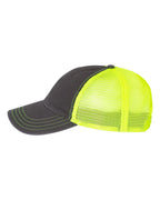 Left View of Charcoal/ Neon Yellow Garment-Washed Trucker Cap - 111