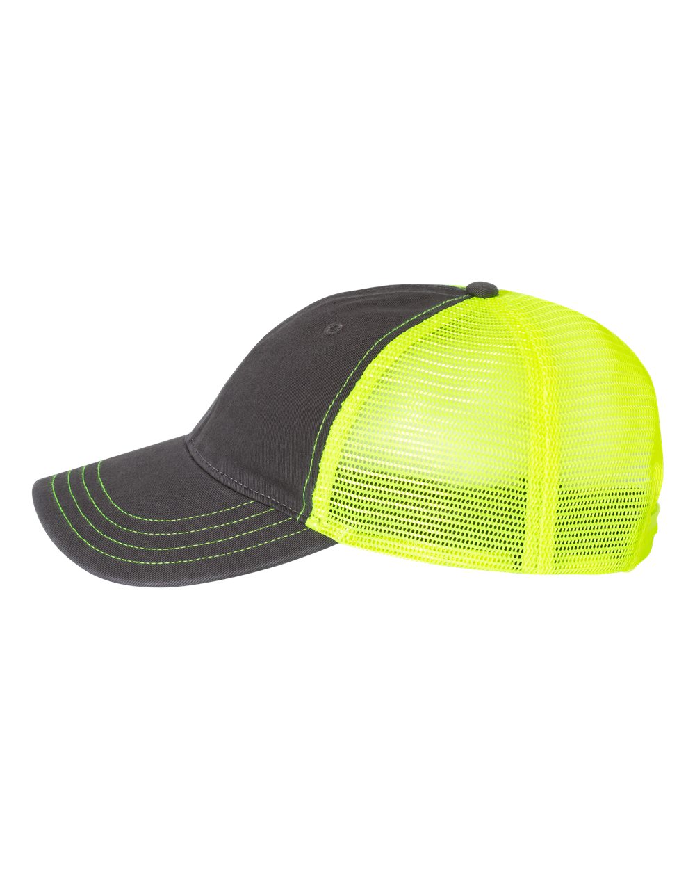 Left View of Charcoal/ Neon Yellow Garment-Washed Trucker Cap - 111