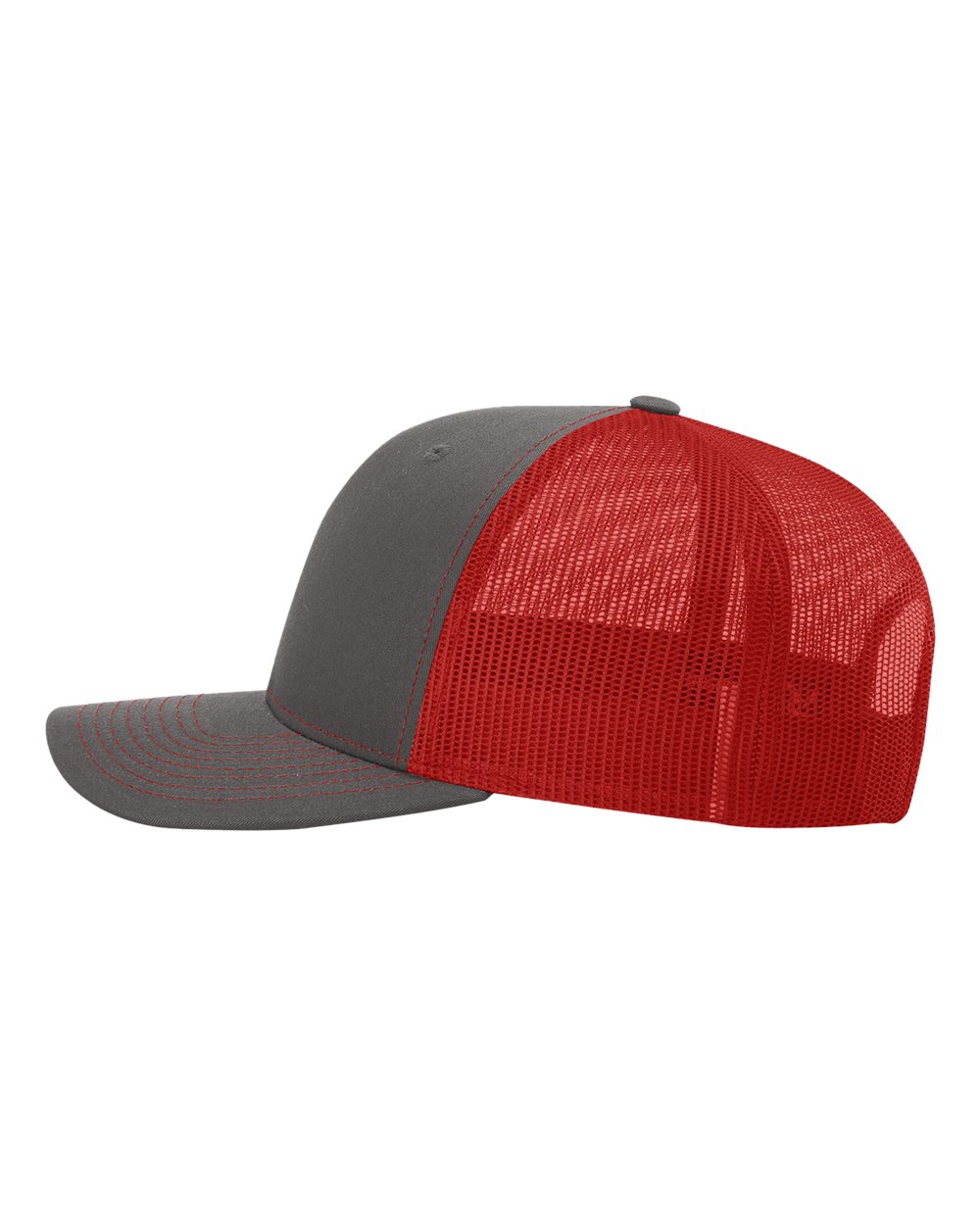 Left View of Charcoal/ Red Snapback Trucker Cap - 112