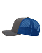 Left View of Charcoal/ Royal Snapback Trucker Cap - 112
