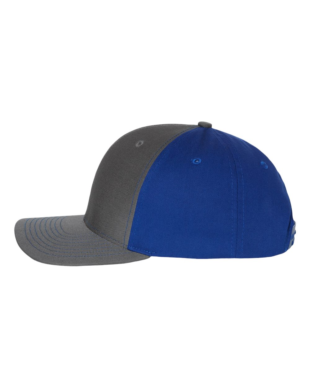 Left View of Charcoal/ Royal Twill Back Trucker Cap - 312