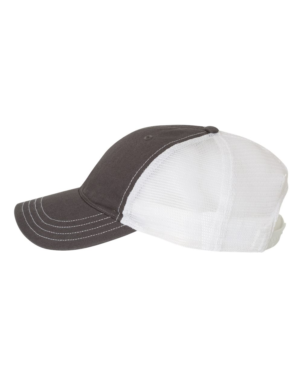 Left View of Charcoal/ White Garment-Washed Trucker Cap - 111