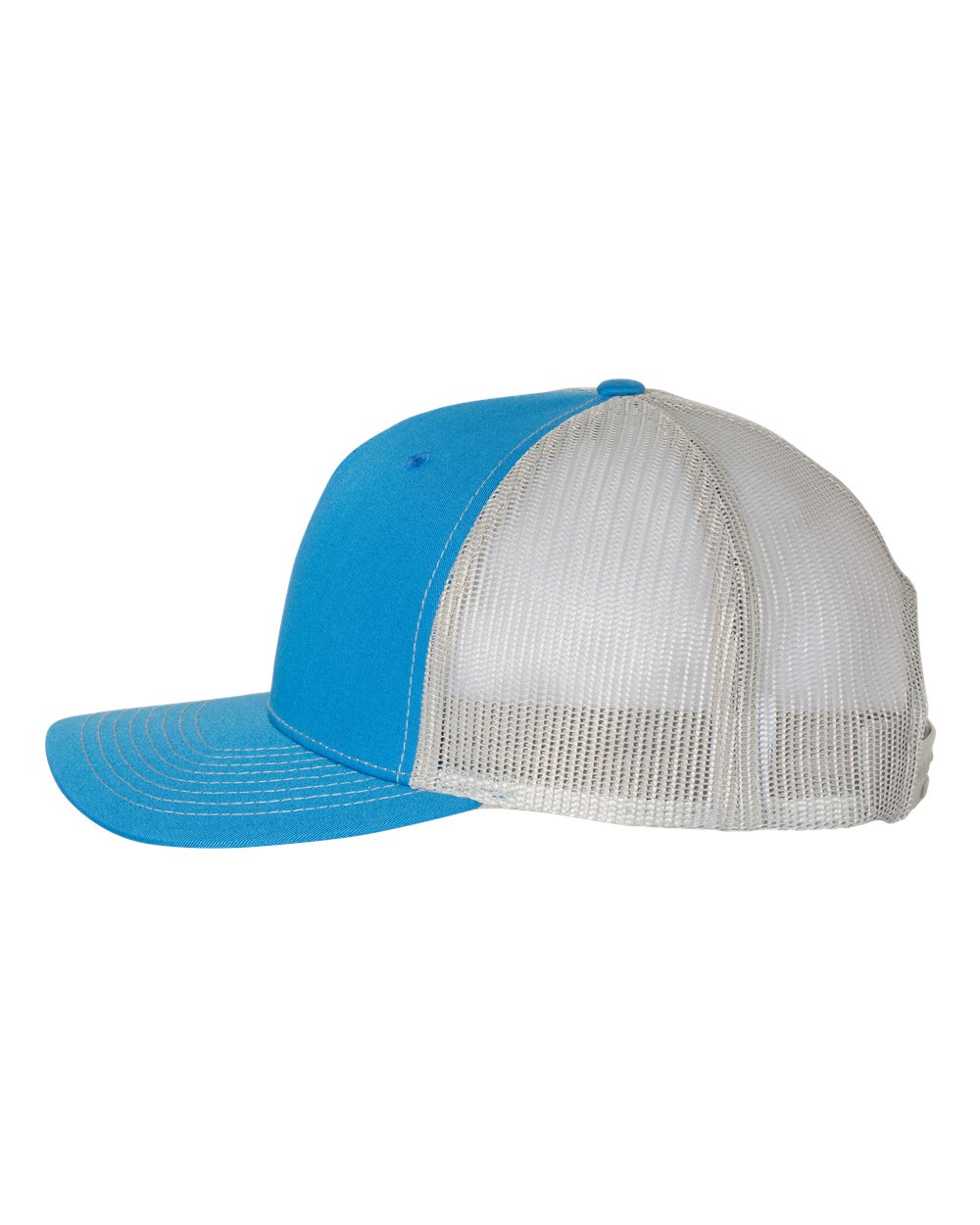 Left View of Cobalt Blue/ Grey Five-Panel Trucker Cap - 112FP