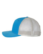 Left View of Cobalt Blue/ Grey Five-Panel Trucker Cap - 112FP