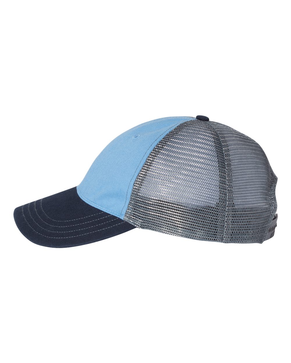 Left View of Columbia Blue/ Charcoal/ Navy Garment-Washed Trucker Cap - 111