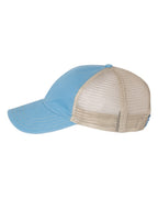 Left View of Columbia Blue/ Khaki Garment-Washed Trucker Cap - 111