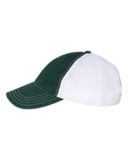 Left View of Dark Green/ White Garment-Washed Trucker Cap - 111