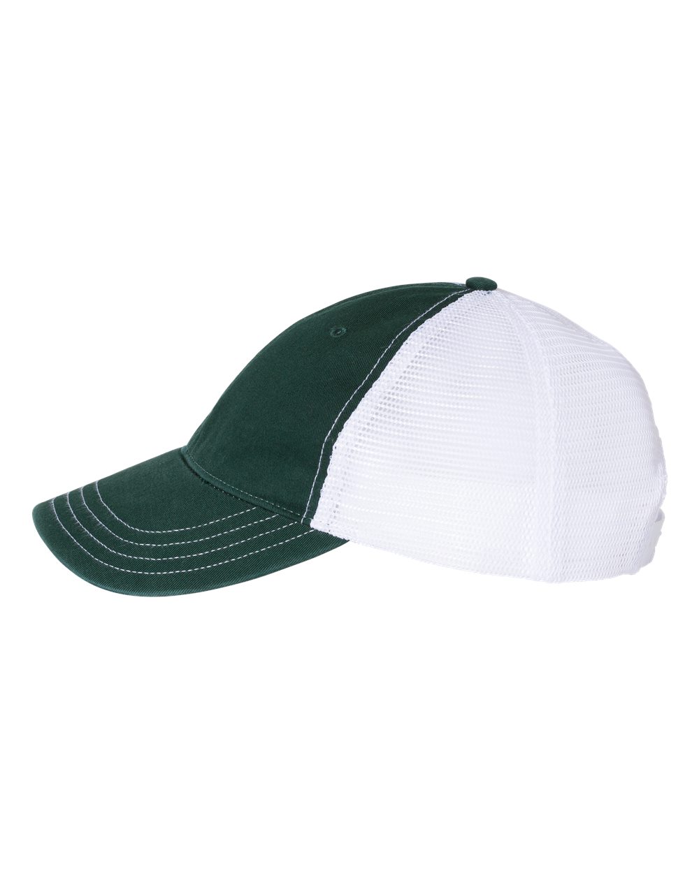 Left View of Dark Green/ White Garment-Washed Trucker Cap - 111