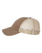Left View of Driftwood/ Khaki Garment-Washed Trucker Cap - 111