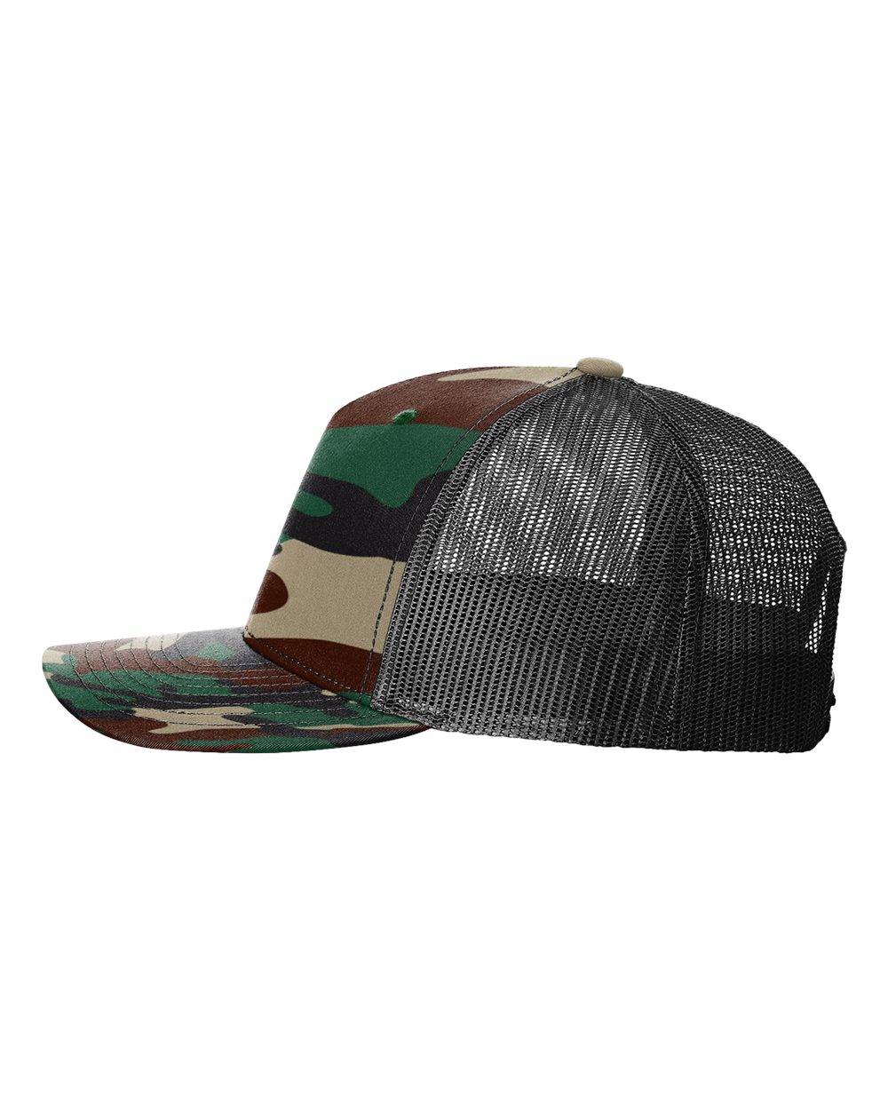 Left View of Green Camo/ Black Five-Panel Printed Trucker Cap - 112PFP