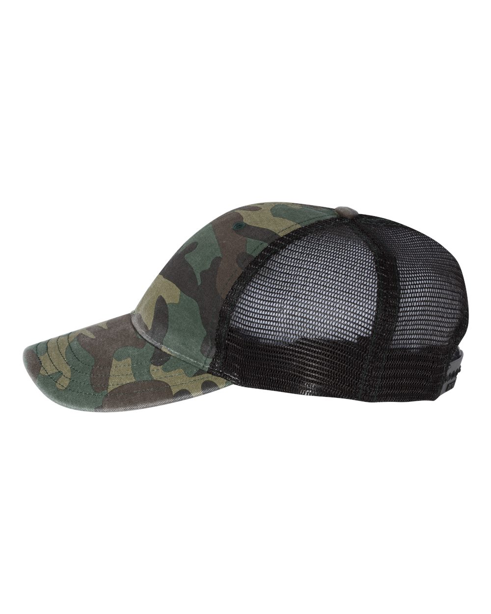 Left View of Green Camo/ Black Garment Washed Printed Trucker Cap - 111P