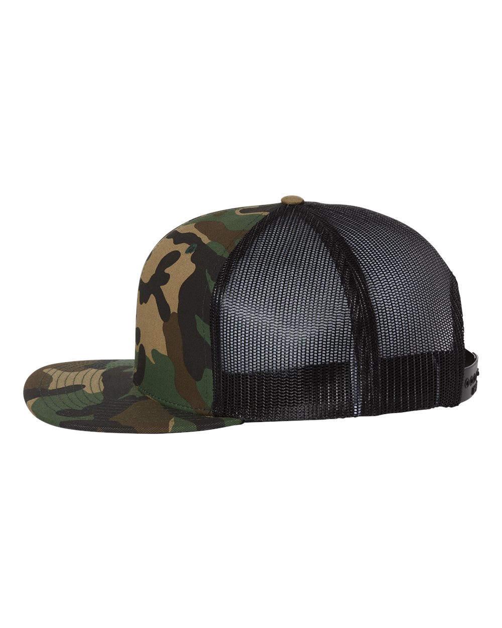 Left View of Green Camo/ Black Wool Blend Flat Bill Trucker Cap - 511