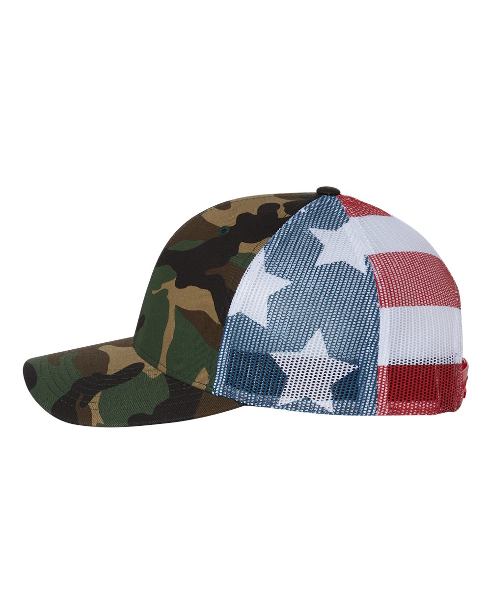 Left View of Green Camo/ Stars & Stripes Printed Mesh Trucker Cap - 112PM