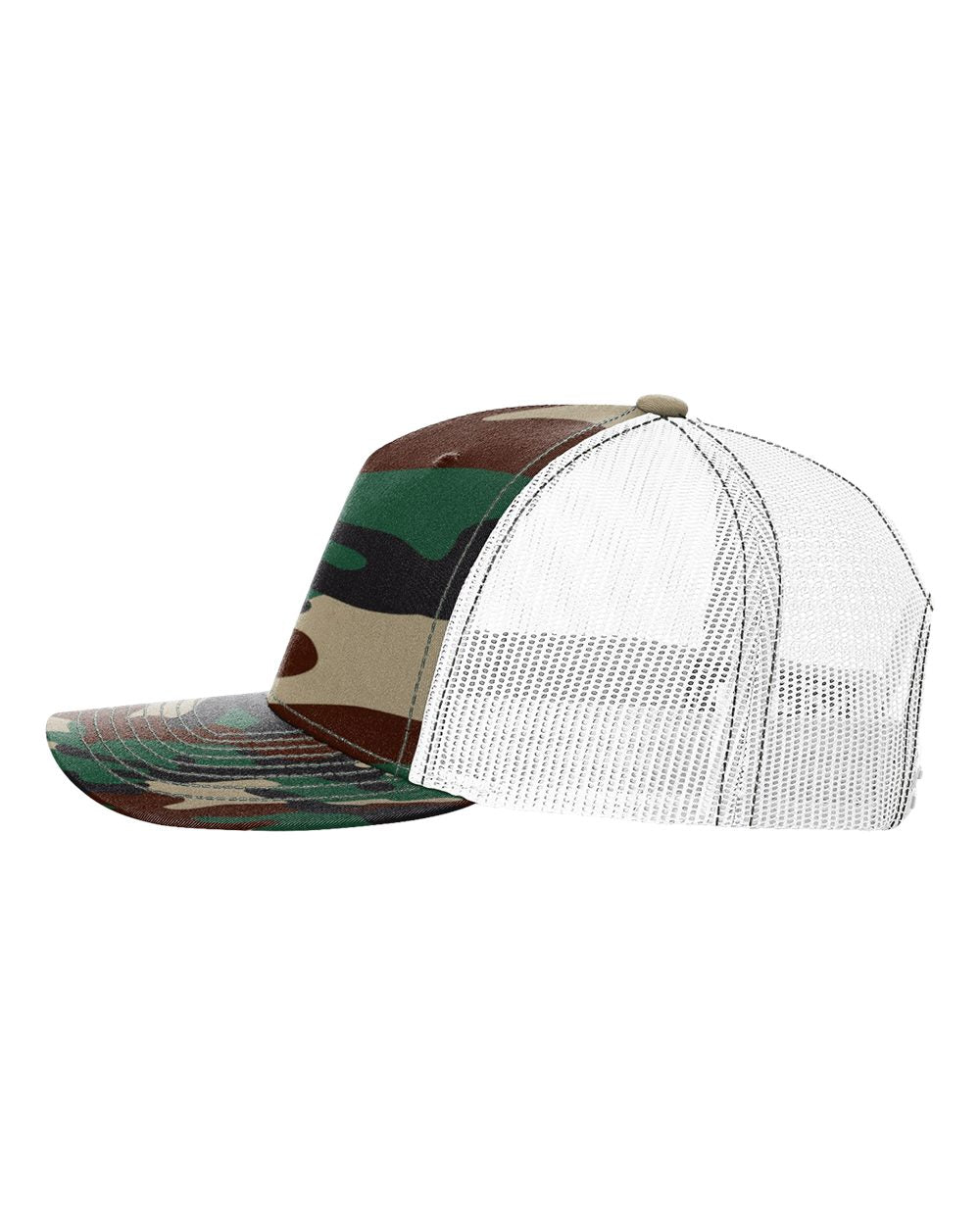 Left View of Green Camo/ White Five-Panel Printed Trucker Cap - 112PFP