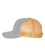 Left View of Heather Grey/ Amber Gold Five-Panel Trucker Cap - 112FP