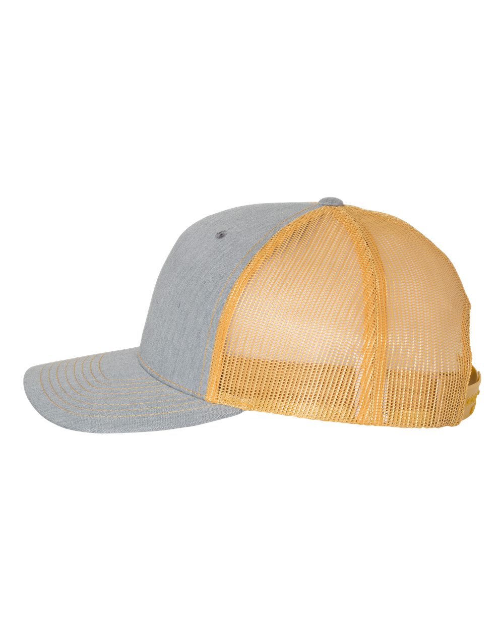 Left View of Heather Grey/ Amber Gold Five-Panel Trucker Cap - 112FP