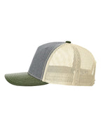 Left View of Heather Grey/ Birch/ Army Olive Five-Panel Trucker Cap - 112FP