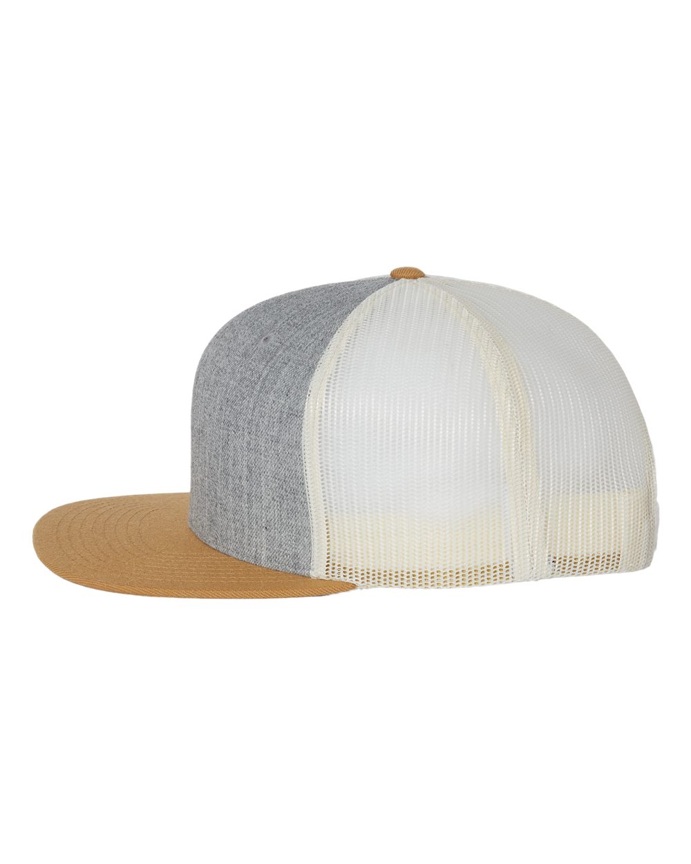 Left View of Heather Grey/ Birch/ Biscuit Wool Blend Flat Bill Trucker Cap - 511