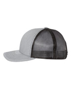 Left View of Heather Grey/ Black Five-Panel Trucker Cap - 112FP