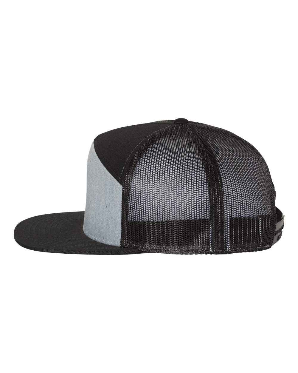 Left View of Heather Grey/ Black Seven-Panel Trucker Cap - 168