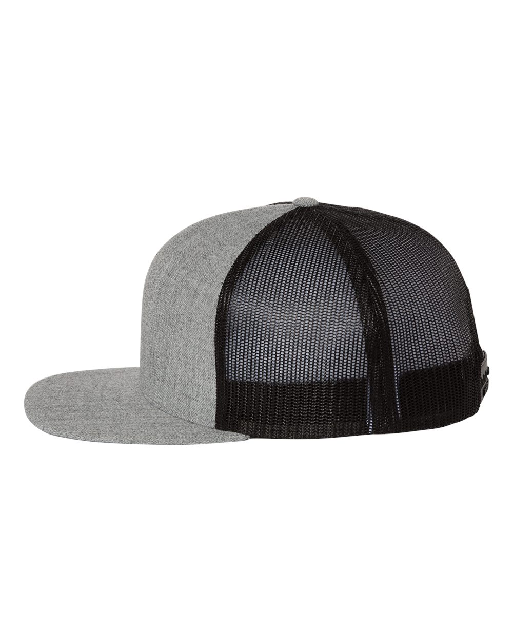 Left View of Heather Grey/ Black Wool Blend Flat Bill Trucker Cap - 511