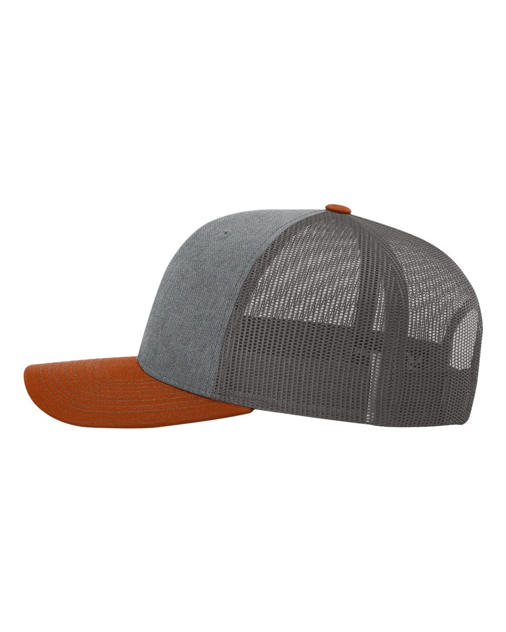 Left View of Heather Grey/ Charcoal/ Dark Orange Snapback Trucker Cap - 112