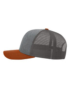 Left View of Heather Grey/ Charcoal/ Dark Orange Snapback Trucker Cap - 112