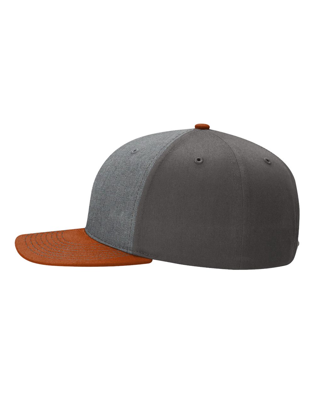 Left View of Heather Grey/ Charcoal/ Dark Orange Twill Back Trucker Cap - 312