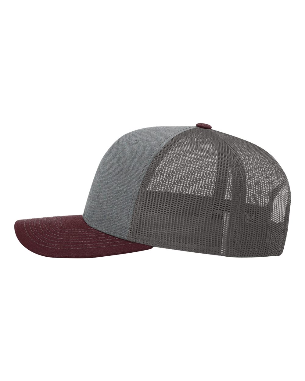 Left View of Heather Grey/ Charcoal/ Maroon Snapback Trucker Cap - 112