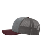 Left View of Heather Grey/ Charcoal/ Maroon Snapback Trucker Cap - 112