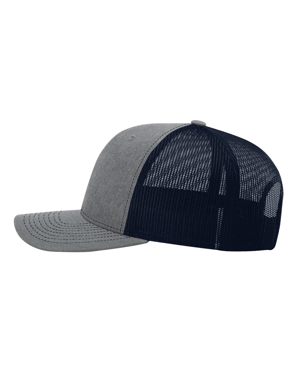 Left View of Heather Grey/ Navy Snapback Trucker Cap - 112