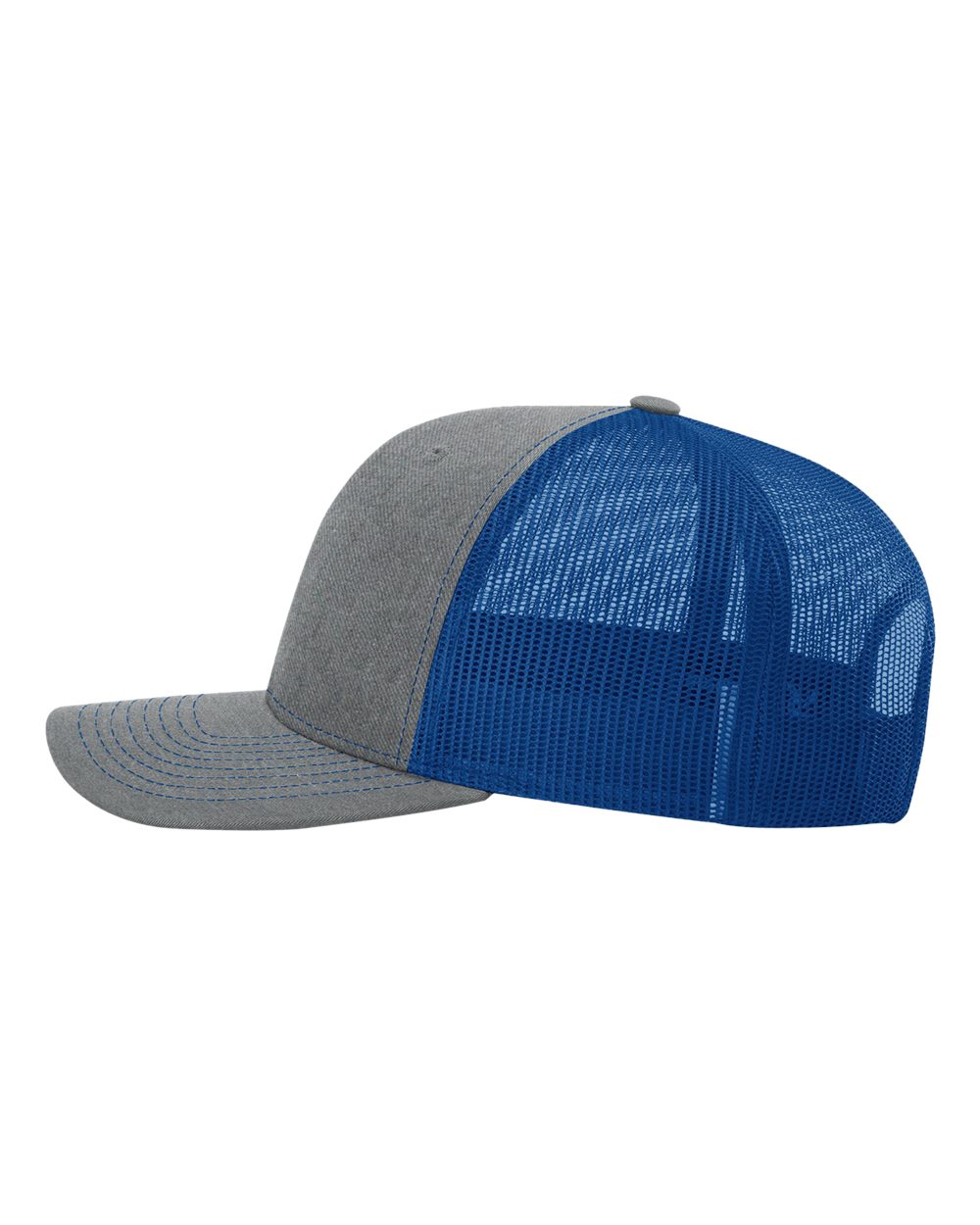 Left View of Heather Grey/ Royal Snapback Trucker Cap - 112