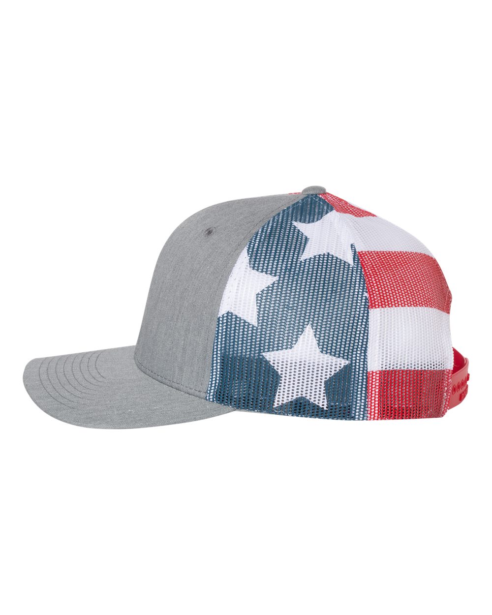Left View of Heather Grey/ Stars & Stripes Printed Mesh Trucker Cap - 112PM