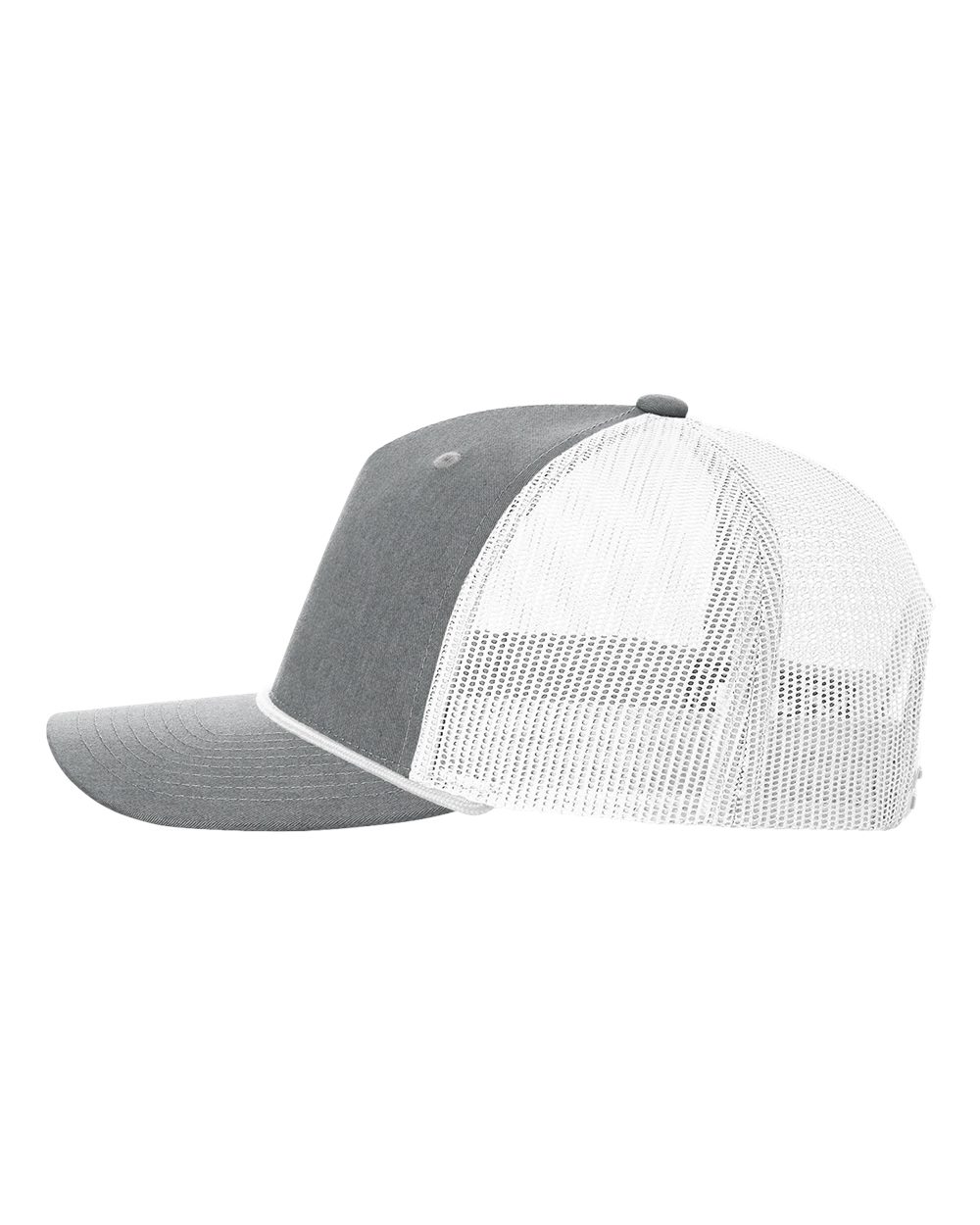 Left View of Heather Grey/ White Five-Panel Trucker with Rope Cap - 112FPR