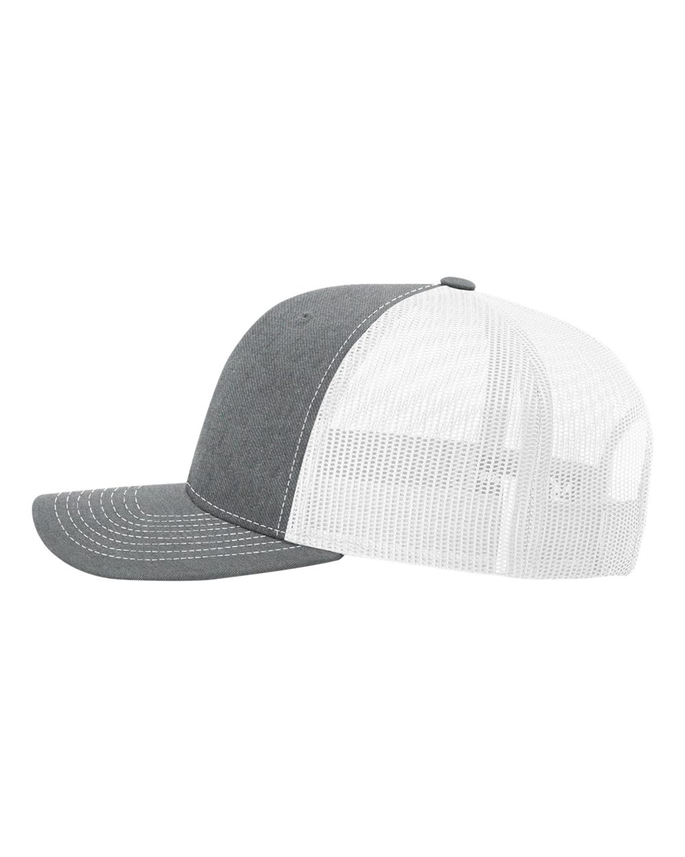 Left View of Heather Grey/ White Snapback Trucker Cap - 112