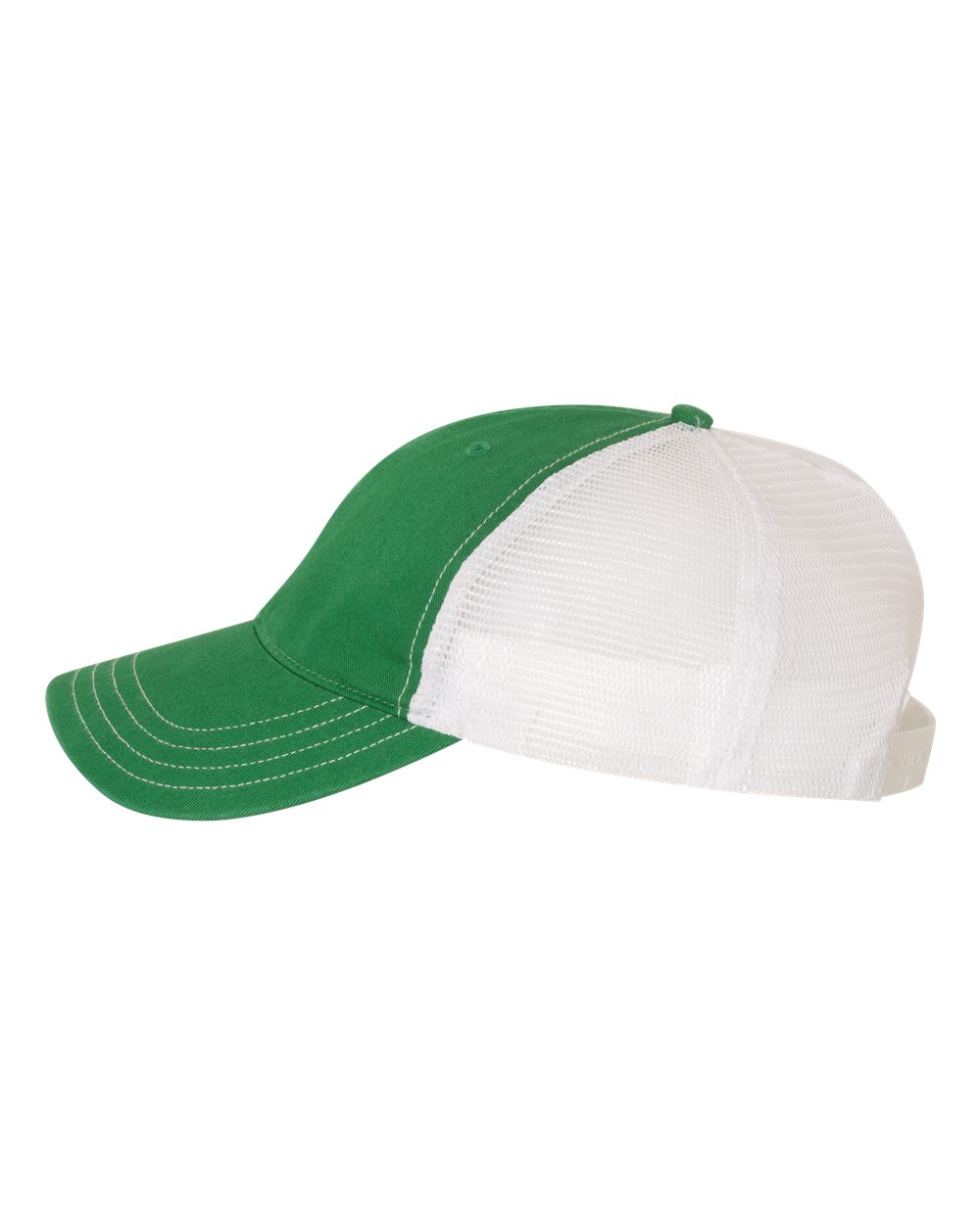 Left View of Kelly/ White Garment-Washed Trucker Cap - 111