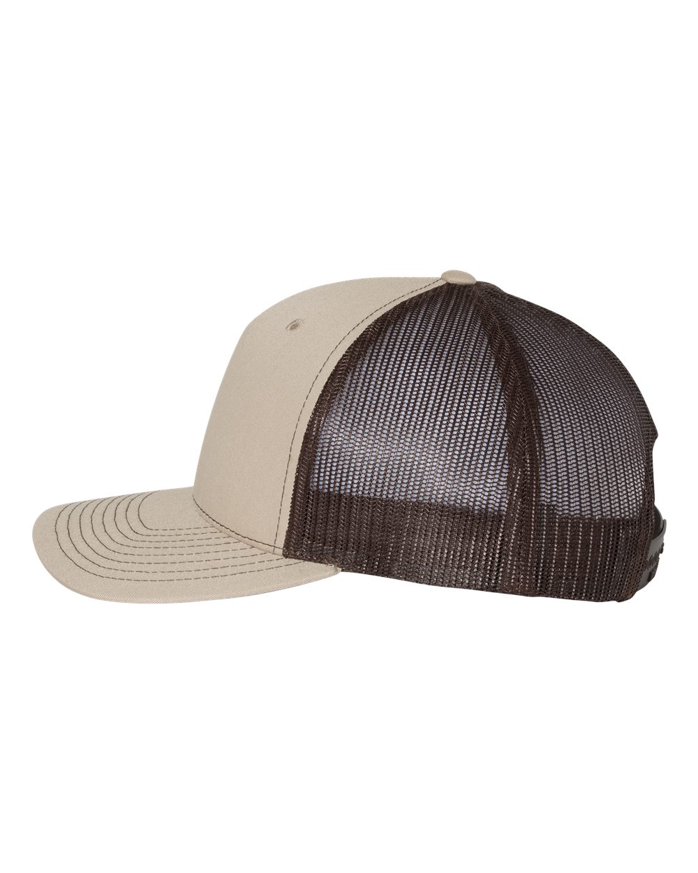 Left View of Khaki/ Coffee Five-Panel Trucker Cap - 112FP