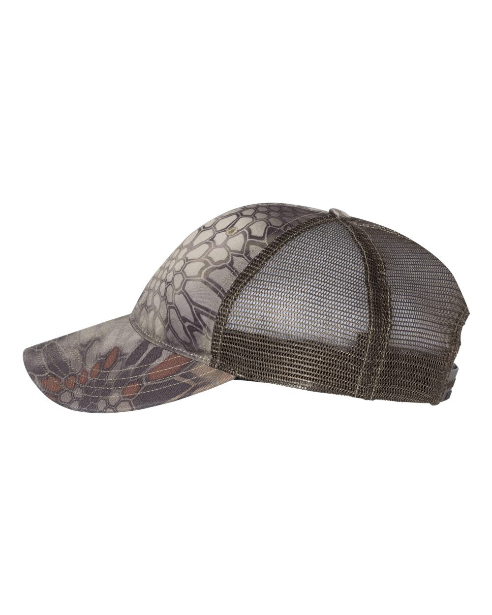 Left View of Kryptek Highlander/ Brown Garment Washed Printed Trucker Cap - 111P