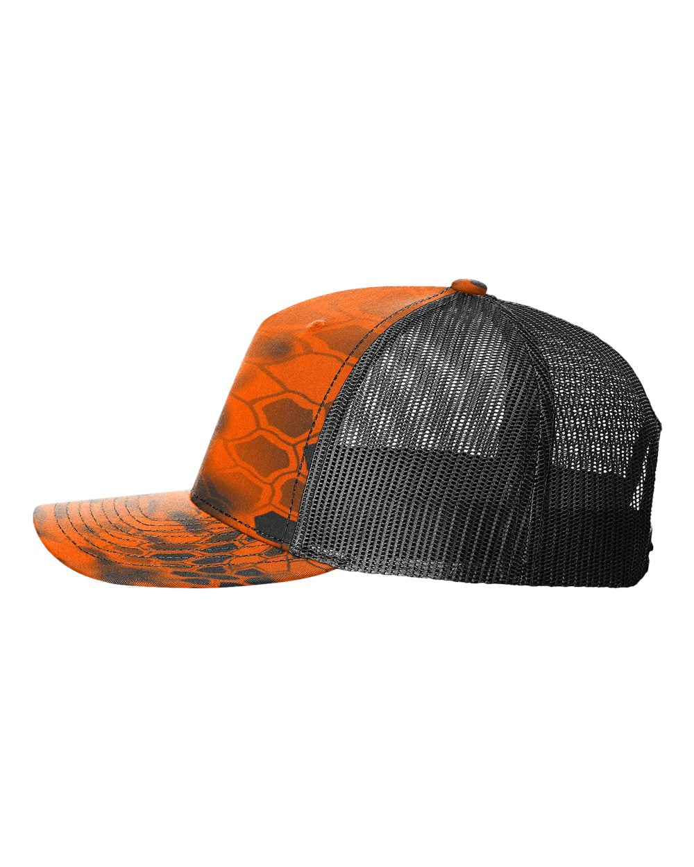 Left View of Kryptek Inferno/ Black Five-Panel Printed Trucker Cap - 112PFP
