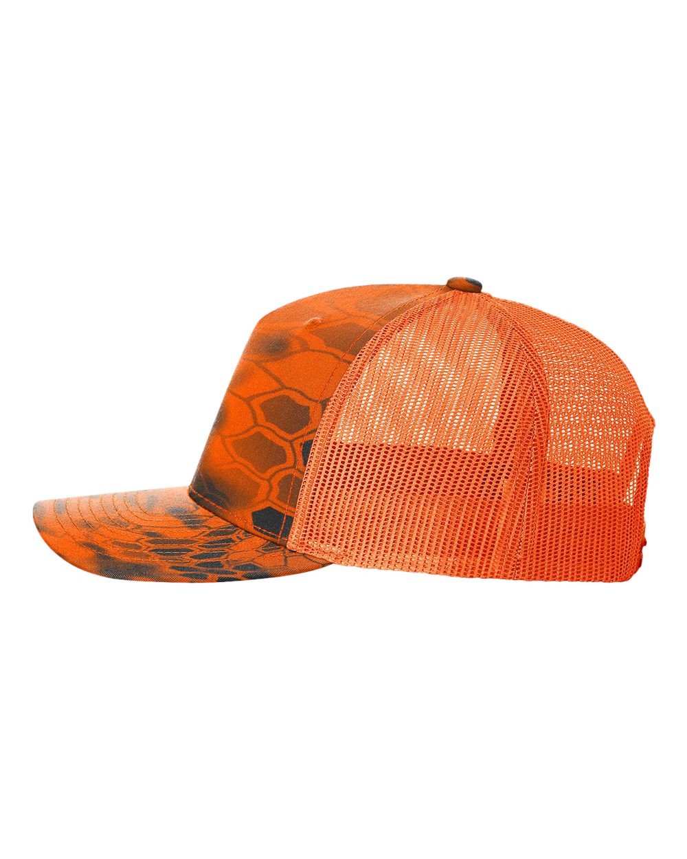Left View of Kryptek Inferno/ Blaze Orange Five-Panel Printed Trucker Cap - 112PFP