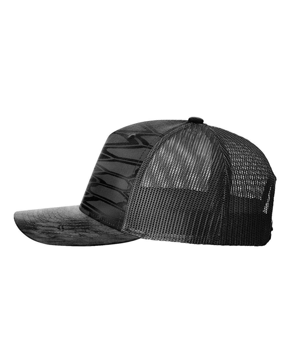 Left View of Kryptek Typhon/ Black Five-Panel Printed Trucker Cap - 112PFP