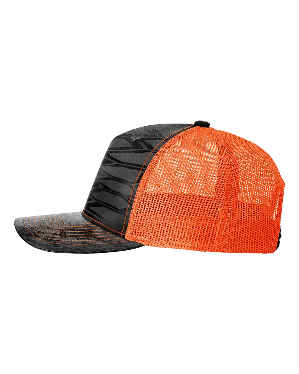 Left View of Kryptek Typhon/ Neon Orange Five-Panel Printed Trucker Cap - 112PFP