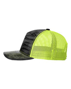 Left View of Kryptek Typhon/ Neon Yellow Five-Panel Printed Trucker Cap - 112PFP