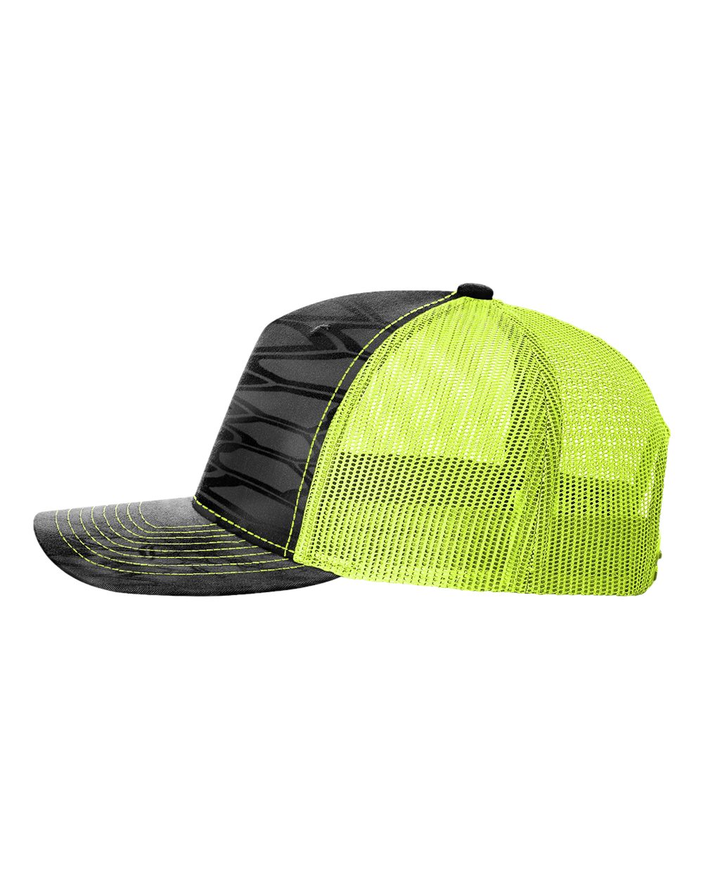 Left View of Kryptek Typhon/ Neon Yellow Five-Panel Printed Trucker Cap - 112PFP